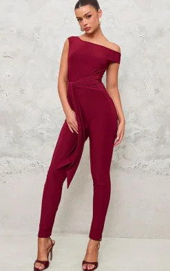 Burgundy Double Layer Slinky Knot Detail Wrap Front Jumpsuit