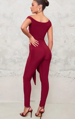 Burgundy Double Layer Slinky Knot Detail Wrap Front Jumpsuit