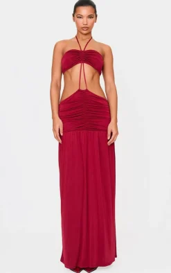 Burgundy Double Layer Slinky Tie Neck Cut Out Maxi Dress