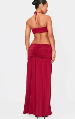 Burgundy Double Layer Slinky Tie Neck Cut Out Maxi Dress