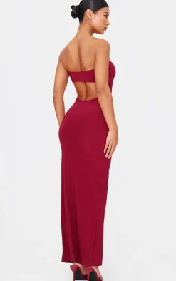 Burgundy Double Layer Slinky Bandeau Low Back Maxi Dress