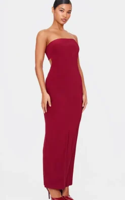 Burgundy Double Layer Slinky Bandeau Low Back Maxi Dress