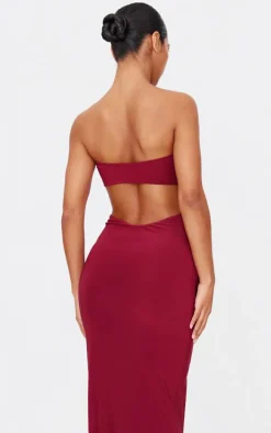 Burgundy Double Layer Slinky Bandeau Low Back Maxi Dress
