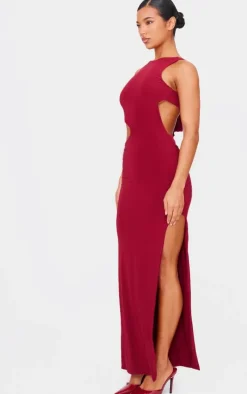 Burgundy Double Layer Slinky Tie Back Maxi Dress