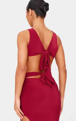 Burgundy Double Layer Slinky Tie Back Maxi Dress