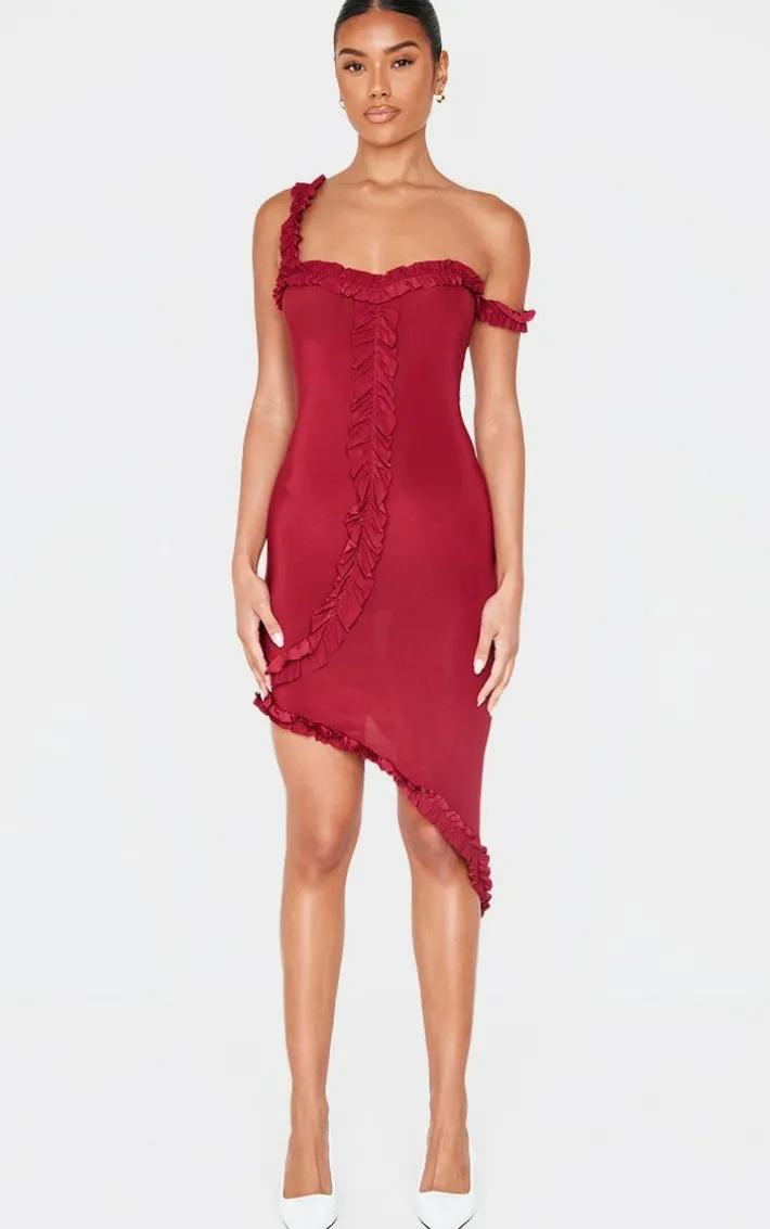Burgundy Double Layer Slinky Frill Hem Asymetric Midi Dress