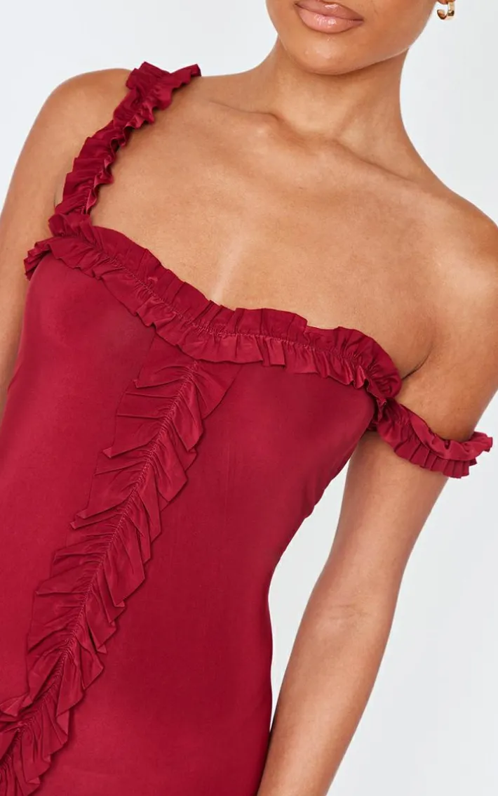 Burgundy Double Layer Slinky Frill Hem Asymetric Midi Dress