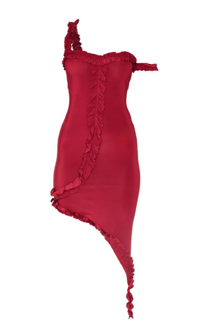 Burgundy Double Layer Slinky Frill Hem Asymetric Midi Dress