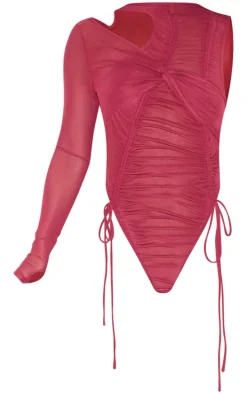 Burgundy Extreme Ruched Seam Detail One Sleeve Bodysuit