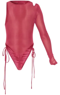 Burgundy Extreme Ruched Seam Detail One Sleeve Bodysuit