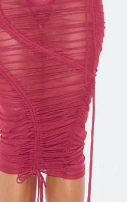 Burgundy Extreme Ruched Seam Detail Midaxi Skirt