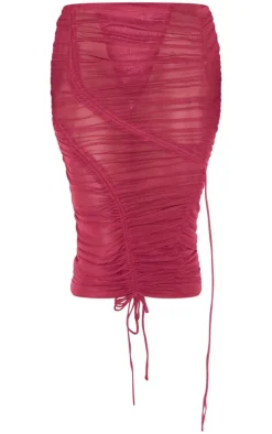 Burgundy Extreme Ruched Seam Detail Midaxi Skirt