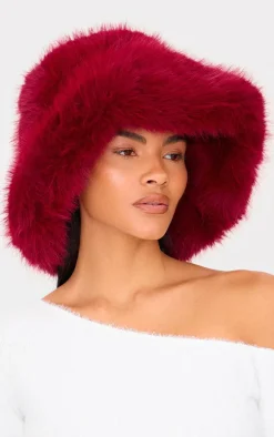 Burgundy Faux Fur Fluffy Bucket Hat