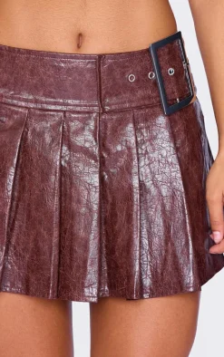 Burgundy Faux Leather Belt Pleated Mini Skirt