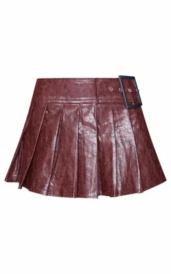 Burgundy Faux Leather Belt Pleated Mini Skirt