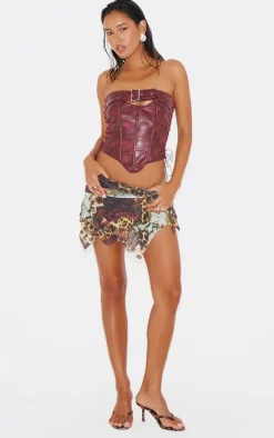 Burgundy Faux Leather Lace Side Buckle Detail Corset