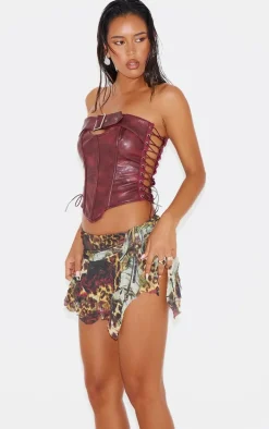 Burgundy Faux Leather Lace Side Buckle Detail Corset