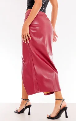 Burgundy Faux Leather Twist Detail Front Midi Skirt