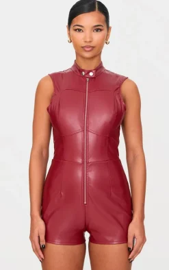 Burgundy Faux Leather Zip Up Sleeveless Romper