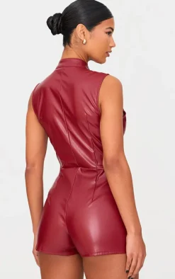 Burgundy Faux Leather Zip Up Sleeveless Romper