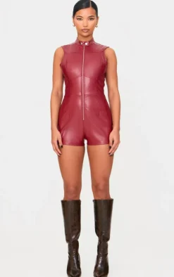 Burgundy Faux Leather Zip Up Sleeveless Romper