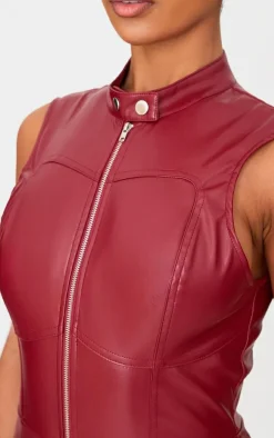 Burgundy Faux Leather Zip Up Sleeveless Romper