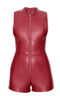 Burgundy Faux Leather Zip Up Sleeveless Romper