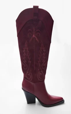 Burgundy Faux Suede Point Toe Knee High Stitch Detail Block Heel Western Boots