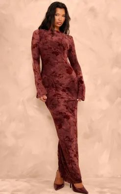 Burgundy Floral Devore Long Sleeve Maxi Dress