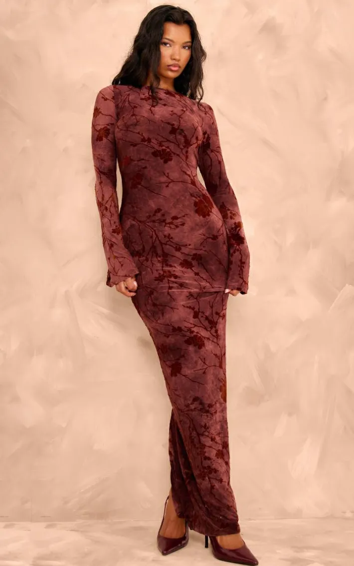 Burgundy Floral Devore Long Sleeve Maxi Dress