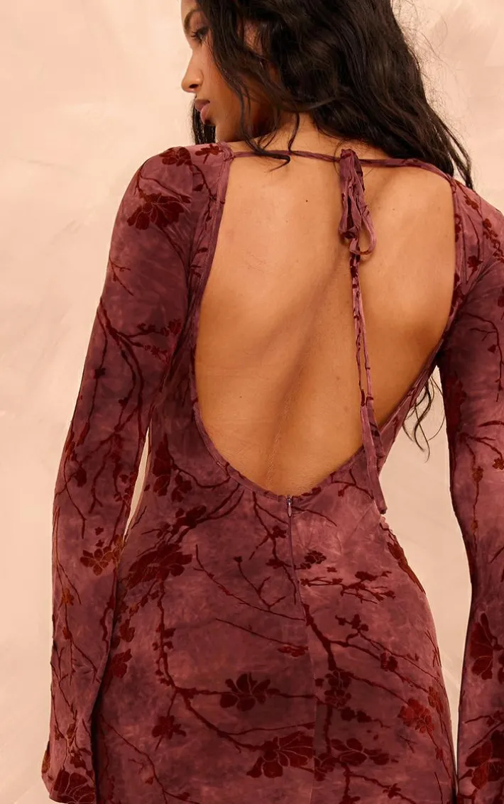 Burgundy Floral Devore Long Sleeve Maxi Dress