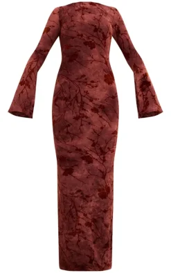 Burgundy Floral Devore Long Sleeve Maxi Dress