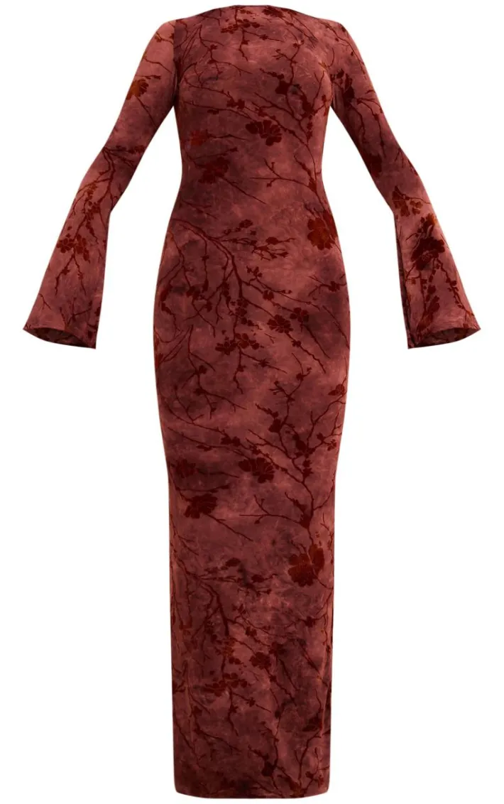 Burgundy Floral Devore Long Sleeve Maxi Dress