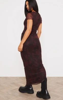 Burgundy Floral Print Mesh Short Sleeve Maxi Dress