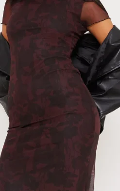 Burgundy Floral Print Mesh Short Sleeve Maxi Dress