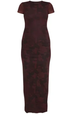 Burgundy Floral Print Mesh Short Sleeve Maxi Dress