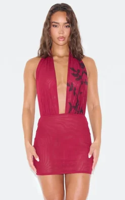 Burgundy Flower Printed Mesh Extreme Plunge Bodycon Dress