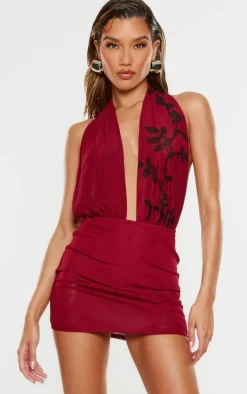 Burgundy Flower Printed Mesh Extreme Plunge Bodycon Dress