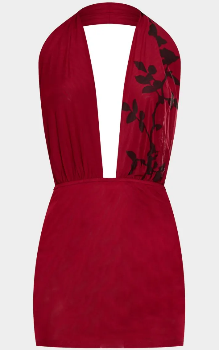 Burgundy Flower Printed Mesh Extreme Plunge Bodycon Dress
