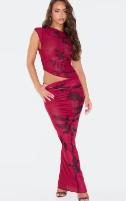 Burgundy Flower Printed Mesh Ruched Low Rise Maxi Skirt