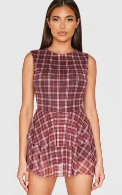 Burgundy Gingham Print Mesh Rara Skort Romper