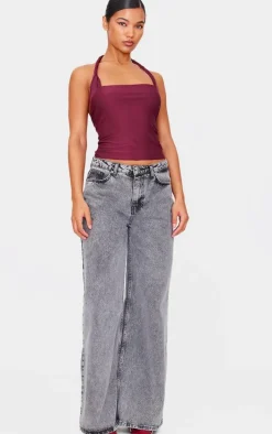 Burgundy Halter Neck Twist Strap Detail Crop Top