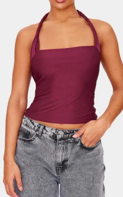 Burgundy Halter Neck Twist Strap Detail Crop Top