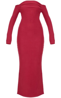 Burgundy Heavy Rib Bardot Long Sleeve Maxi Dress