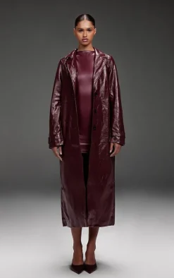 Burgundy High Shine Textured Faux Leather Maxi Coat