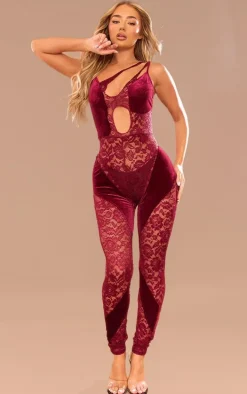 Burgundy Lace Velvet Contrast Cut Out Jumpsuit