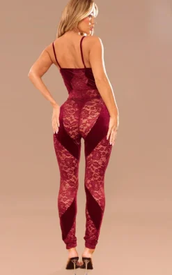 Burgundy Lace Velvet Contrast Cut Out Jumpsuit