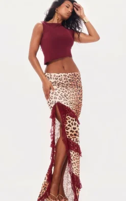 Burgundy Leopard Print Lined Mesh Thigh Split Lace Trim Maxi Skirt