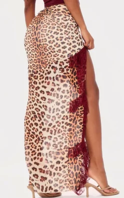 Burgundy Leopard Print Lined Mesh Thigh Split Lace Trim Maxi Skirt