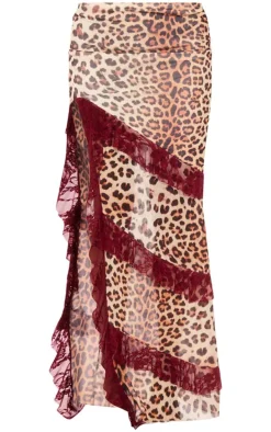 Burgundy Leopard Print Lined Mesh Thigh Split Lace Trim Maxi Skirt